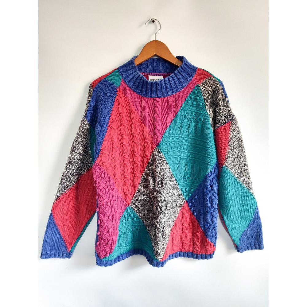 Vintage Capezio Sweater Large 80s 90s 3D Patchwork Cable Knit Multicolor Retro